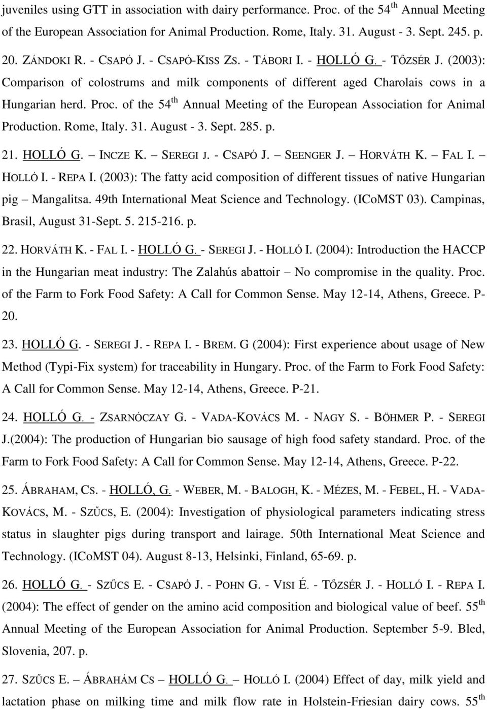 of the 54 th Annual Meeting of the European Association for Animal Production. Rome, Italy. 31. August - 3. Sept. 285. p. 21. HOLLÓ G. INCZE K. SEREGI J. - CSAPÓ J. SEENGER J. HORVÁTH K. FAL I.