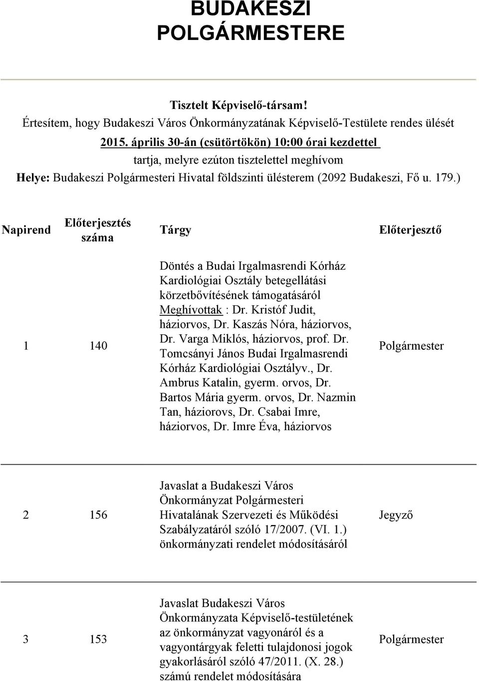 ) Napirend Előterjesztés száma Tárgy Előterjesztő 1 140 Döntés a Budai Irgalmasrendi Kórház Kardiológiai Osztály betegellátási körzetbővítésének támogatásáról Meghívottak : Dr.