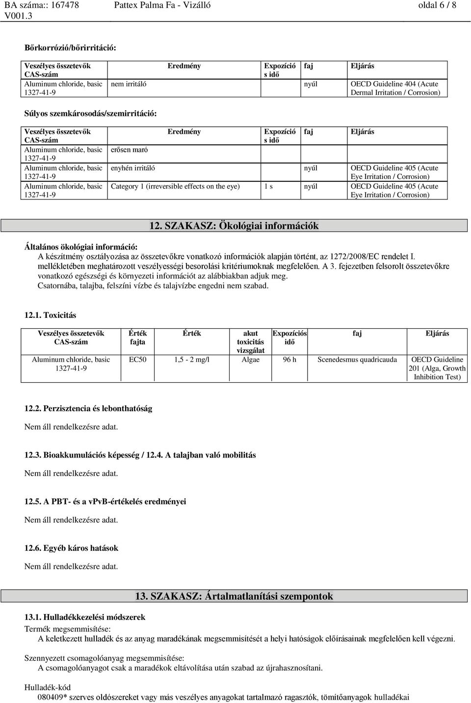 s nyúl OECD Guideline 405 (Acute Eye Irritation / Corrosion) 12.