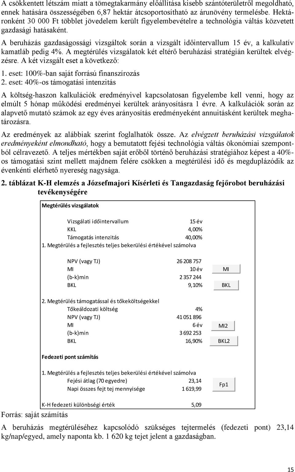A beruházás gazdaságossági vizsgáltok során a vizsgált időintervallum 15 év, a kalkulatív kamatláb pedig 4%. A megtérülés vizsgálatok két eltérő beruházási stratégián kerültek elvégzésre.
