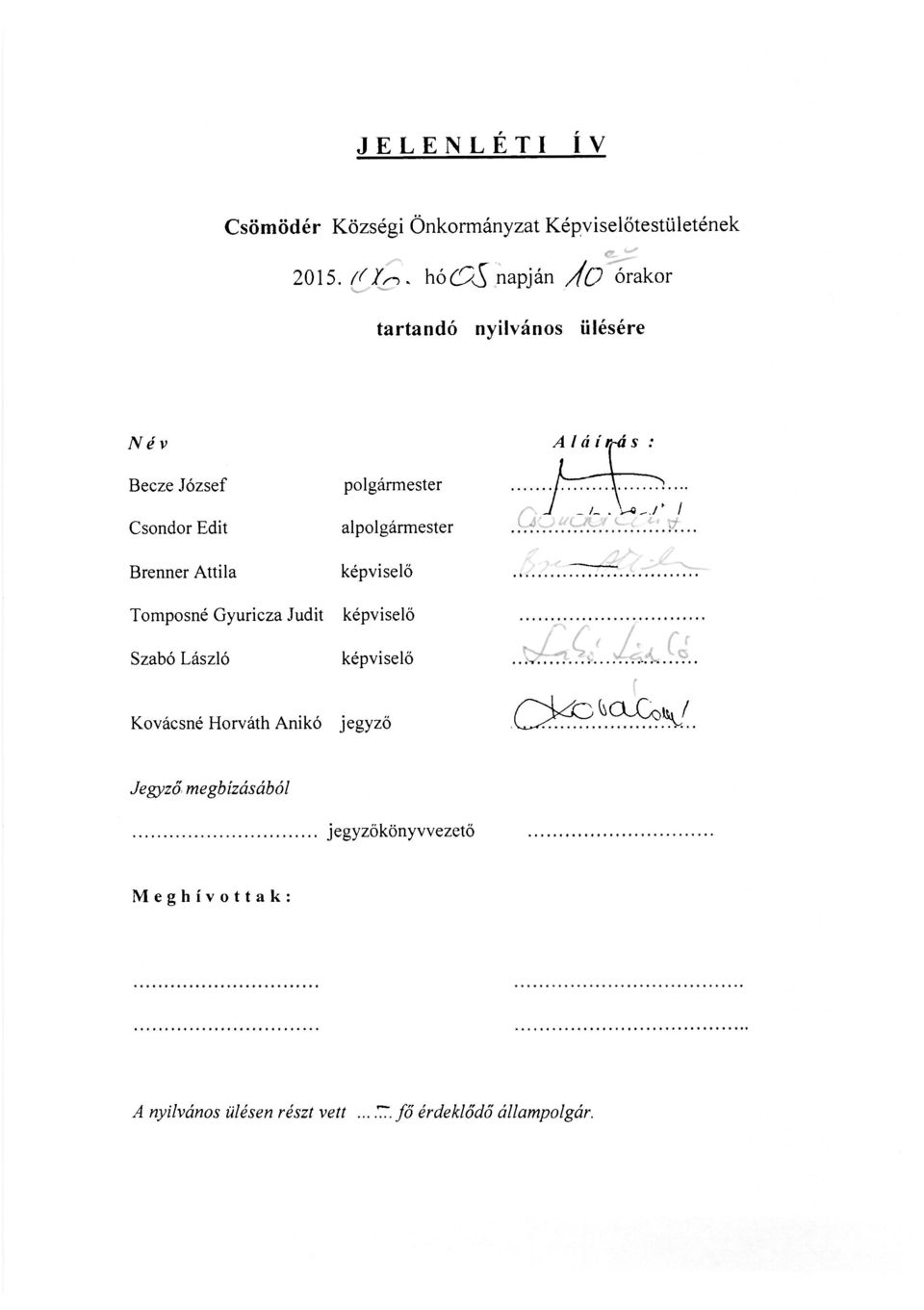Gyuricza Judit Szabó László polgármester alpolgármester képviselő képviselő képviselő P^r; Aláírás :