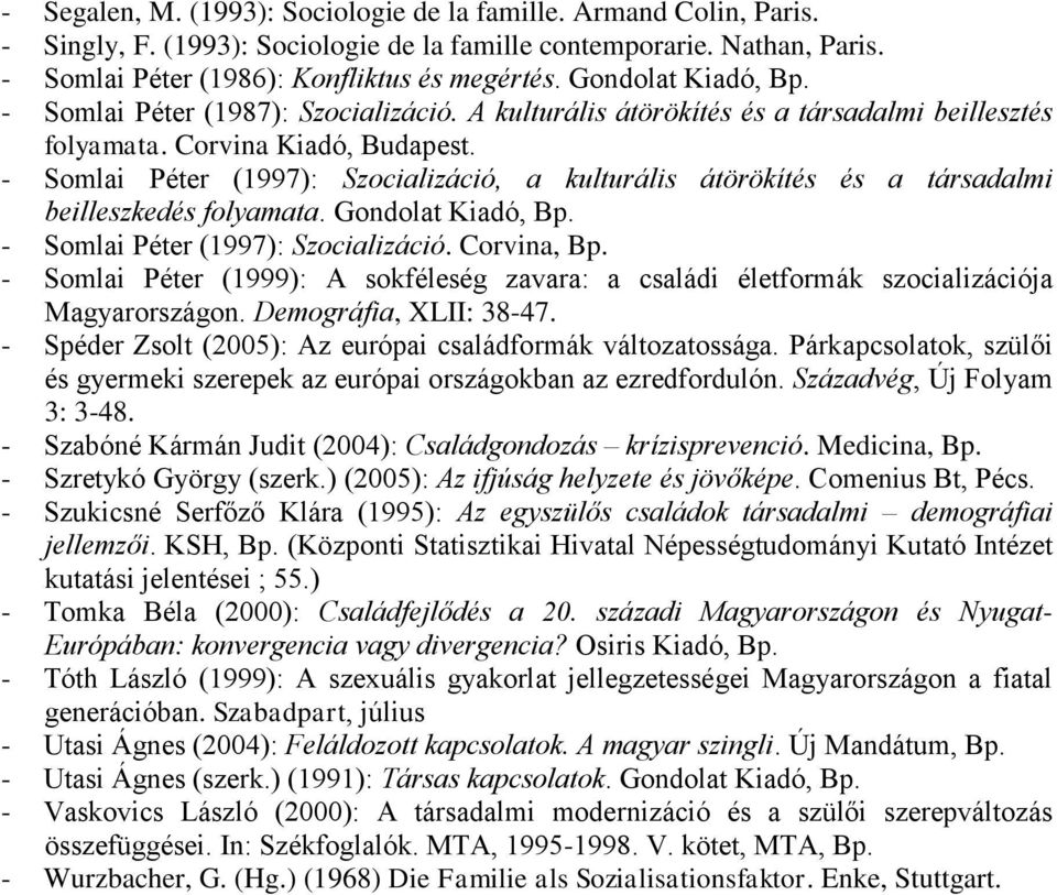 - Somlai Péter (1997): Szocializáció, a kulturális átörökítés és a társadalmi beilleszkedés folyamata. Gondolat Kiadó, Bp. - Somlai Péter (1997): Szocializáció. Corvina, Bp.