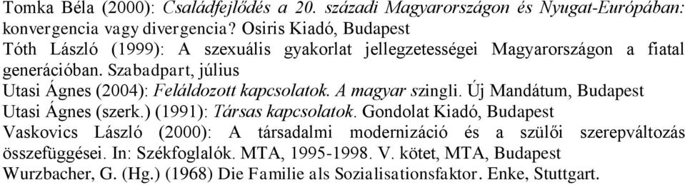 Szabadpart, július Utasi Ágnes (2004): Feláldozott kapcsolatok. A magyar szingli. Új Mandátum, Utasi Ágnes (szerk.) (1991): Társas kapcsolatok.