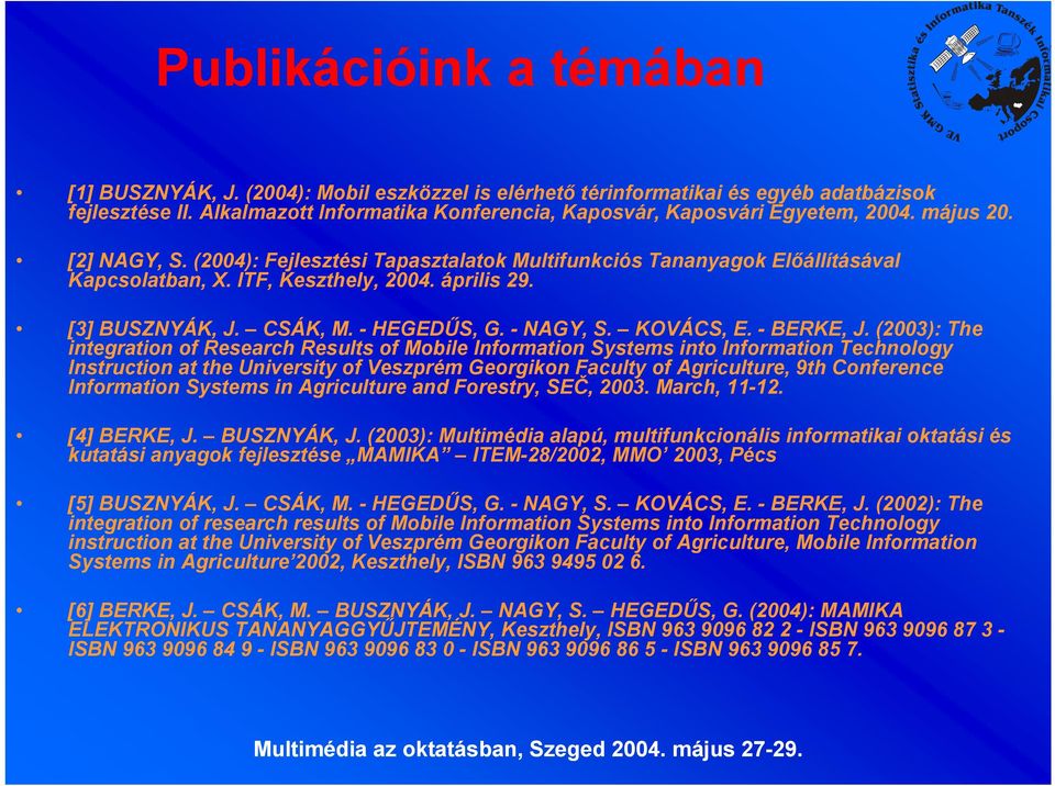 ITF, Keszthely, 2004. április 29. [3] BUSZNYÁK, J. CSÁK, M. - HEGEDŰS, G. - NAGY, S. KOVÁCS, E. - BERKE, J.