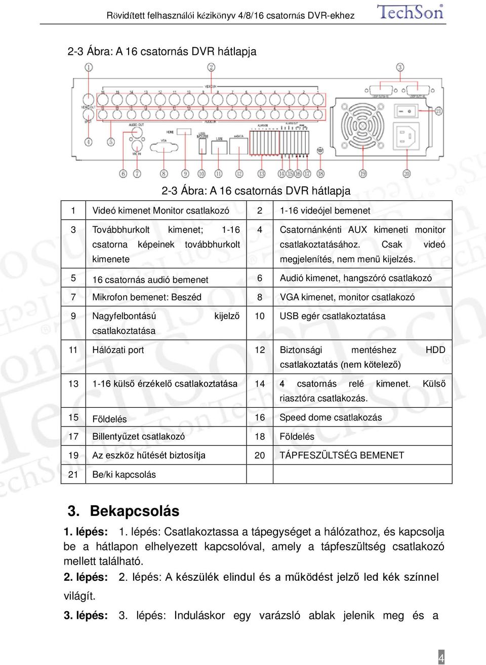 5 16 csatornás audió bemenet 6 Audió kimenet, hangszóró csatlakozó 7 Mikrofon bemenet: Beszéd 8 VGA kimenet, monitor csatlakozó 9 Nagyfelbontású kijelző csatlakoztatása 10 USB egér csatlakoztatása 11