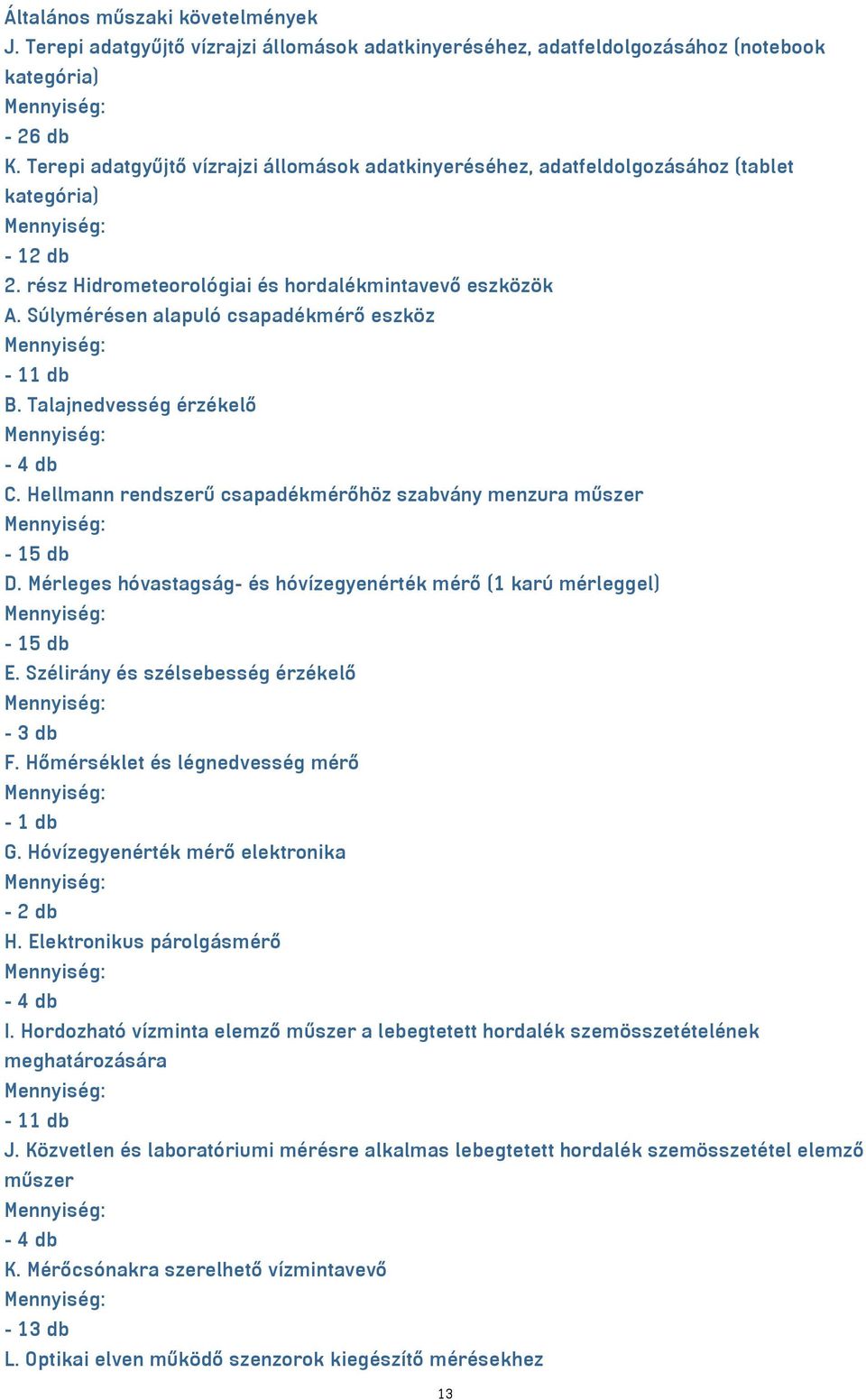 Súlymérésen alapuló csapadékmérő eszköz - 11 db B. Talajnedvesség érzékelő C. Hellmann rendszerű csapadékmérőhöz szabvány menzura műszer - 15 db D.