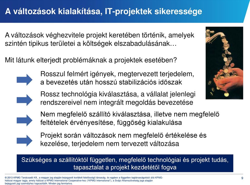 Rosszul felmért igények, megtervezett terjedelem, a bevezetés után hosszú stabilizációs időszak Rossz technológia kiválasztása, a vállalat jelenlegi rendszereivel nem integrált megoldás