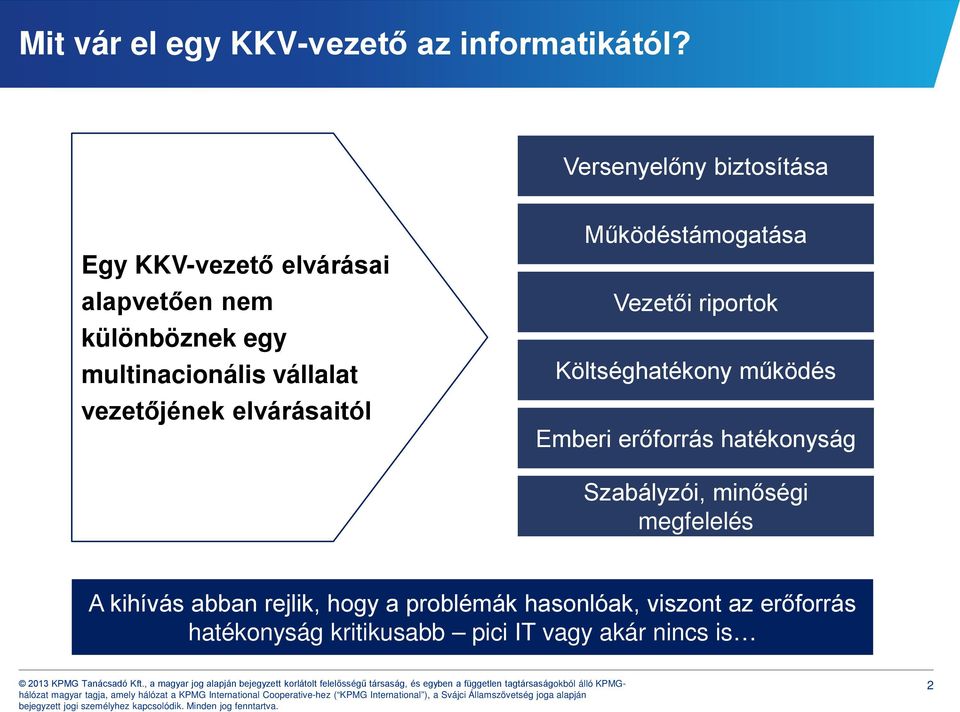 vezetőjének elvárásaitól Működéstámogatása Vezetői riportok Költséghatékony működés Emberi erőforrás