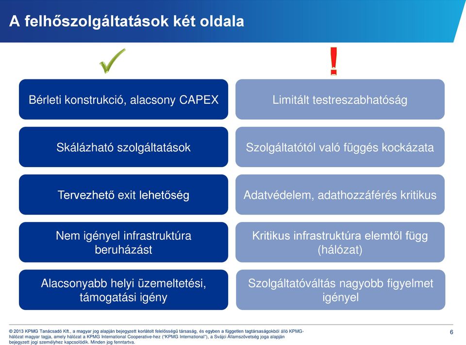 Adatvédelem, adathozzáférés kritikus Nem igényel infrastruktúra beruházást Kritikus infrastruktúra