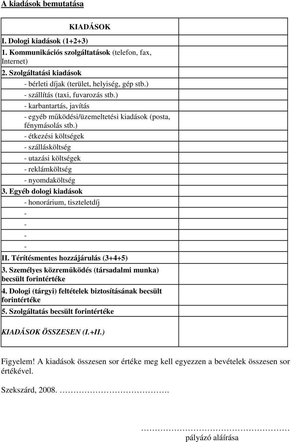 ) - étkezési költségek - szállásköltség - utazási költségek - reklámköltség - nyomdaköltség 3. Egyéb dologi kiadások - honorárium, tiszteletdíj - - - - II. Térítésmentes hozzájárulás (3+4+5) 3.