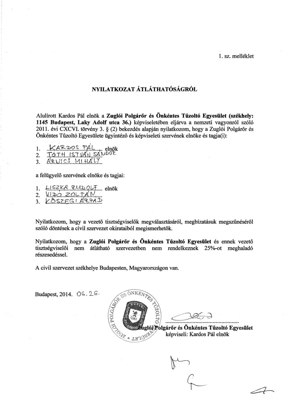 (2) bekezdés alapján nyilatkozom, hogy a Zuglói Polgárőr és Önkéntes Tűzoltó Egyesülete ügyintéző és képviseleti szervének elnöke és tagja(i): 1. ^é%±9±rál elnök 2. TáJMA^Ma^^ 3.