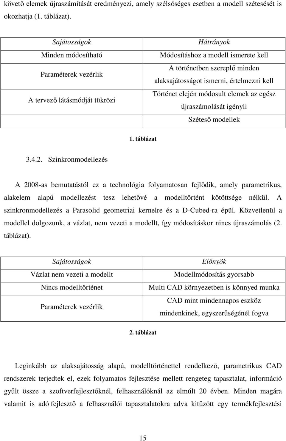 kell Történet elején módosult elemek az egész újraszámolását igényli Széteső modellek 1. táblázat 3.4.2.