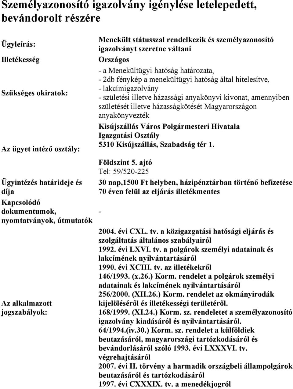 kivonat, amennyiben születését illetve házasságkötését Magyarországon anyakönyvezték 30 nap,1500 Ft helyben, házipénztárban történő befizetése 70 éven felül az eljárás illetékmentes 1990. évi XCIII.