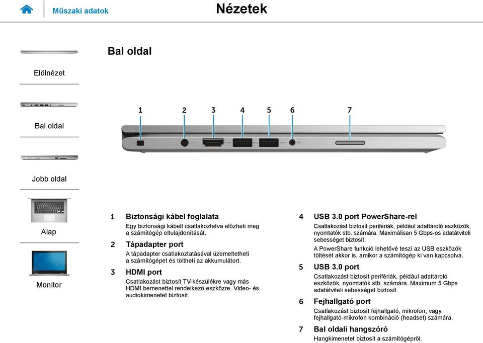 Video- és audiokimenetet biztosít. 4 USB 3.0 port PowerShare-rel Csatlakozást biztosít perifériák, például adattároló eszközök, nyomtatók stb. számára.