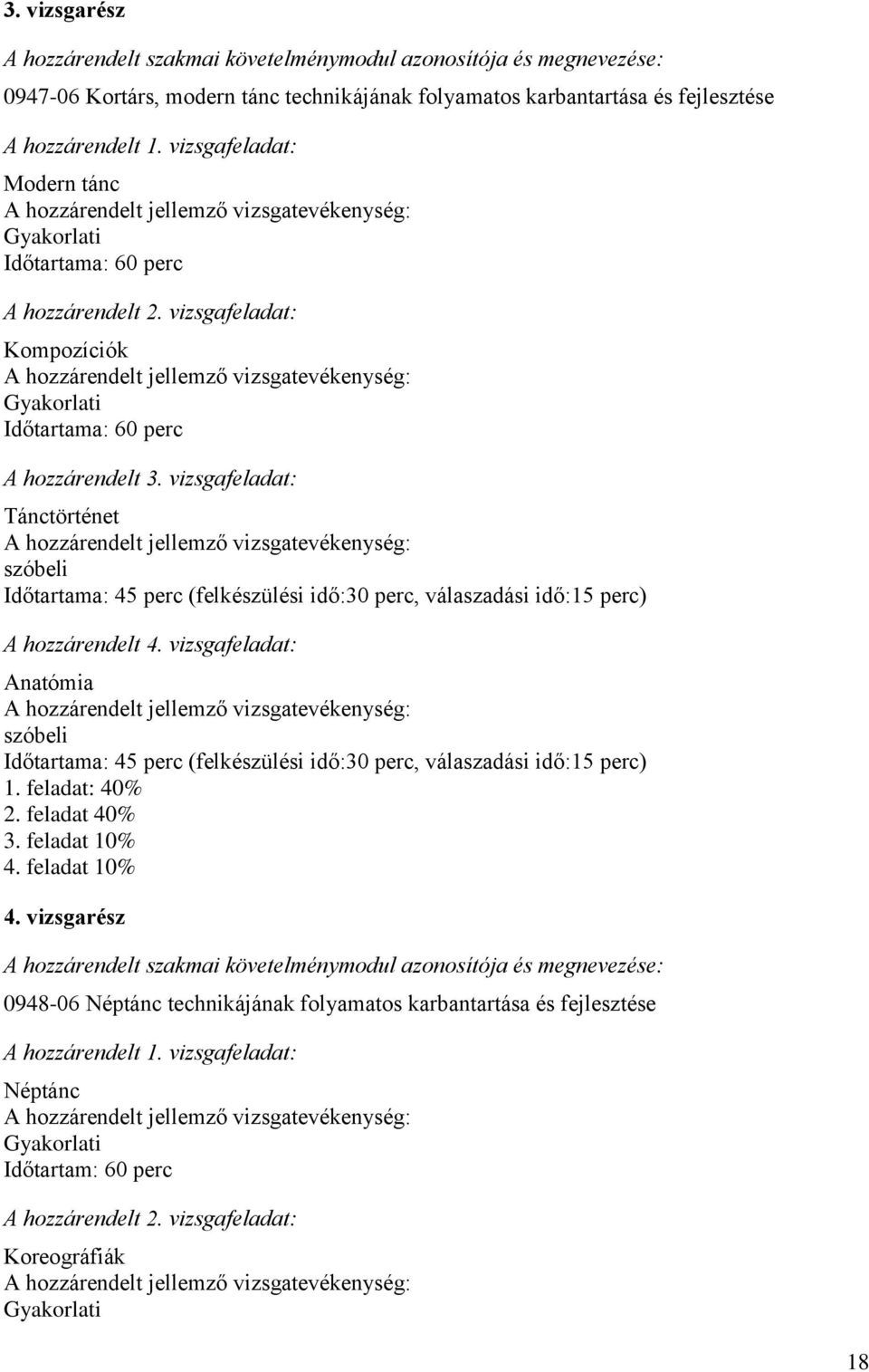 vizsgafeladat: Tánctörténet szóbeli Időtartama: 45 perc (felkészülési idő:30 perc, válaszadási idő:15 perc) A hozzárendelt 4.