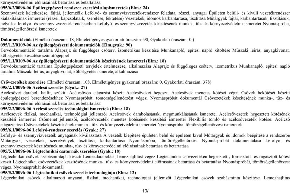 kapcsolataik, szerelése, fektetése) Vezetékek, idomok karbantartása, tisztítása Műtárgyak fajtái, karbantartásuk, tisztításuk, helyük a lefolyó- és szennyvízvezeték rendszerben Lefolyó- és