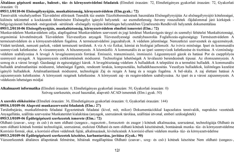 : 72) Tennivalók vészhelyzetben Tűzvédelmi előírások Teendők tűz esetén Tűzoltóberendezések használata Elsősegélynyújtás Az elsősegélynyújtó kötelességei, különös tekintettel a kockázatok felmérésére