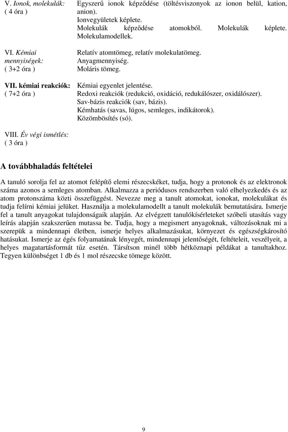 Redoxi reakciók (redukció, oxidáció, redukálószer, oxidálószer). Sav-bázis reakciók (sav, bázis). Kémhatás (savas, lúgos, semleges, indikátorok). Közömbösítés (só). VIII.