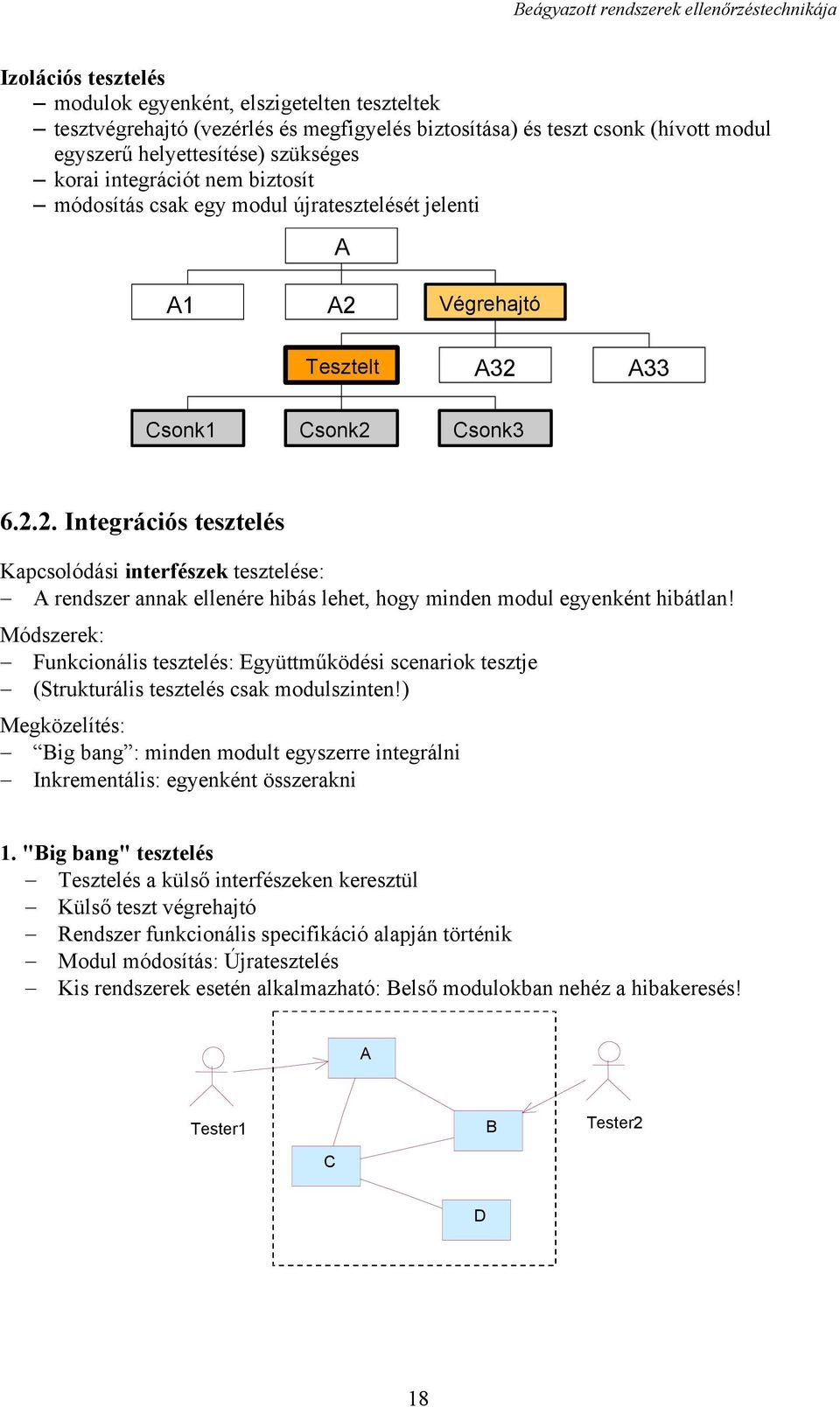 Végrehajtó Tesztelt A32 A33 Csonk1 Csonk2 Csonk3 6.2.2. Integrációs tesztelés Kapcsolódási interfészek tesztelése: A rendszer annak ellenére hibás lehet, hogy minden modul egyenként hibátlan!