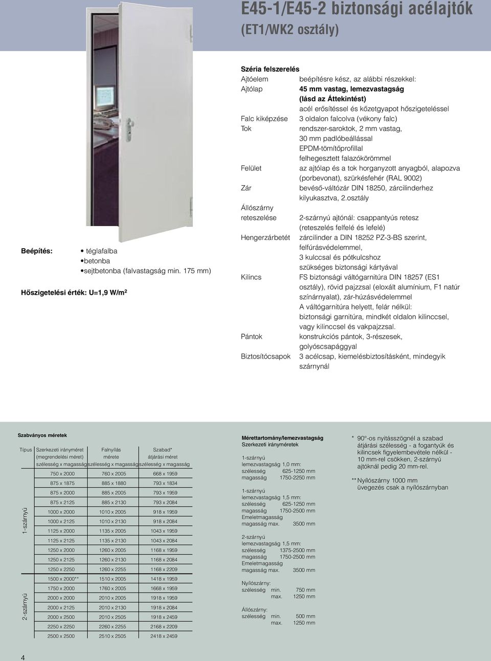 oldalon falcolva (vékony falc) Tok rendszer-saroktok, 2 mm vastag, 30 mm padlóbeállással EPDM-tömítŒprofillal felhegesztett falazókörömmel Felület az ajtólap és a tok horganyzott anyagból, alapozva