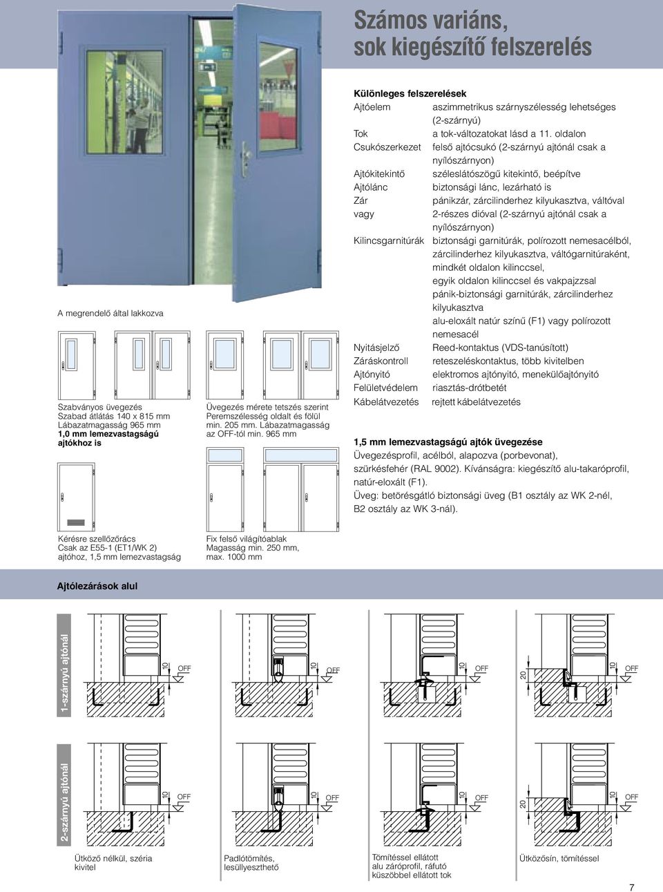 965 mm Különleges felszerelések Ajtóelem aszimmetrikus szárnyszélesség lehetséges (2-szárnyú) Tok a tok-változatokat lásd a 11.