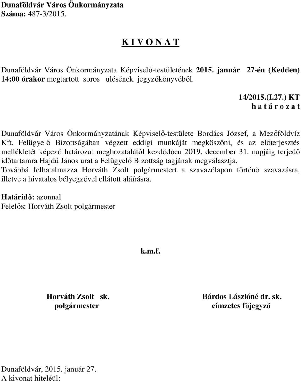 kezdődően 2019. december 31. napjáig terjedő időtartamra Hajdú János urat a Felügyelő Bizottság tagjának megválasztja.