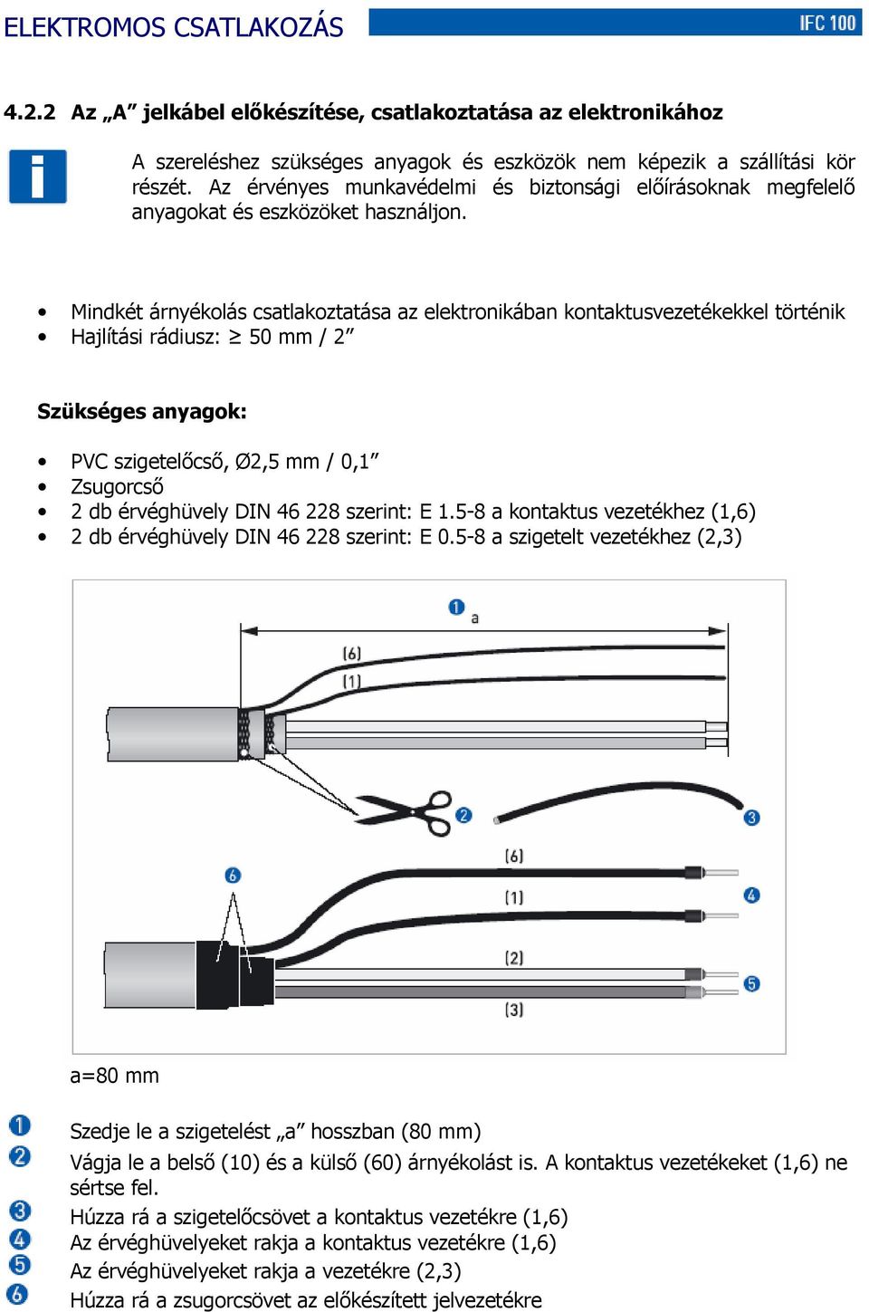 Mindkét árnyékolás csatlakoztatása az elektronikában kontaktusvezetékekkel történik Hajlítási rádiusz: 50 mm / 2 Szükséges anyagok: PVC szigetelőcső, Ø2,5 mm / 0,1 Zsugorcső 2 db érvéghüvely DIN 46