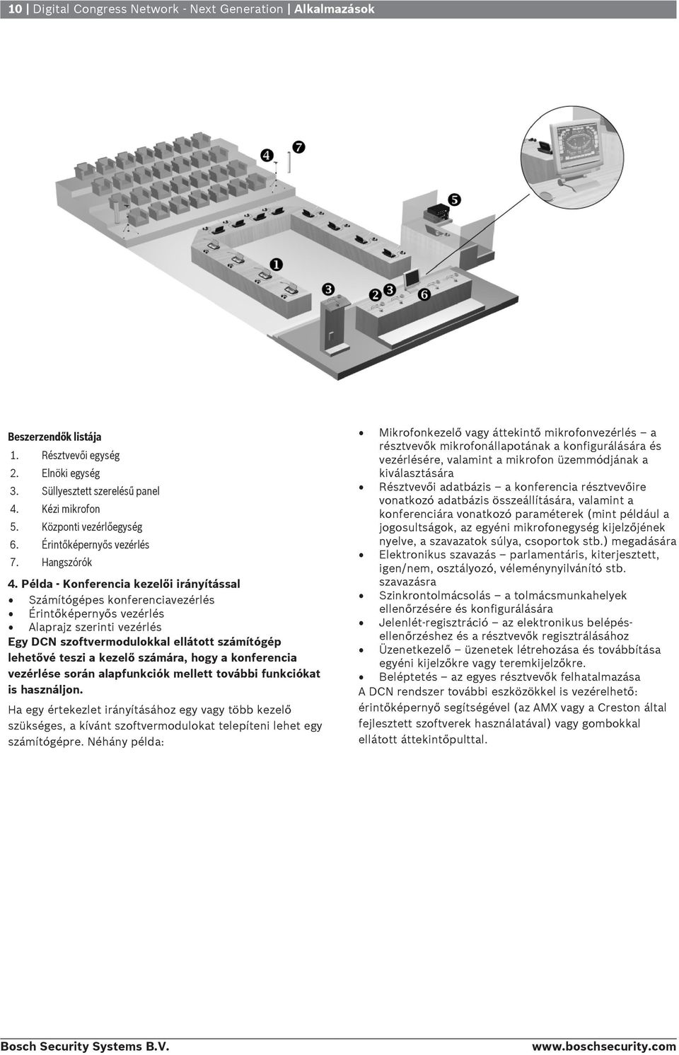 Példa - Konferencia kezelői irányítással Számítógépes konferenciavezérlés Érintőképernyős vezérlés Alaprajz szerinti vezérlés Egy DCN szoftvermodulokkal ellátott számítógép lehetővé teszi a kezelő