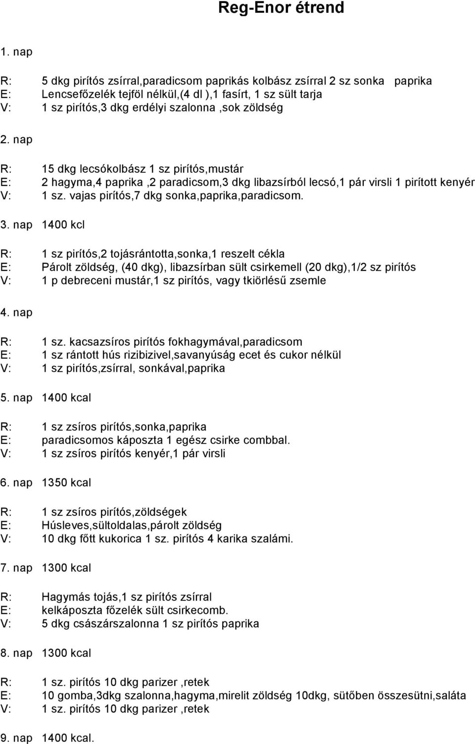 2. nap R: 15 dkg lecsókolbász 1 sz pirítós,mustár E: 2 hagyma,4 paprika,2 paradicsom,3 dkg libazsírból lecsó,1 pár virsli 1 pirított kenyér V: 1 sz. vajas pirítós,7 dkg sonka,paprika,paradicsom. 3.