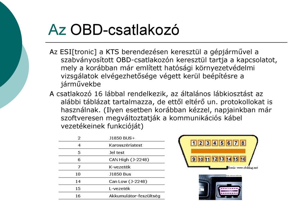 járművekbe A csatlakozó 16 lábbal rendelkezik, az általános lábkiosztást az alábbi táblázat tartalmazza, de ettől eltérő un.