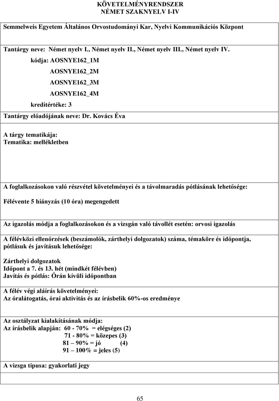 Kovács Éva A tárgy tematikája: Tematika: mellékletben A foglalkozásokon való részvétel követelményei és a távolmaradás pótlásának lehetősége: Félévente 5 hiányzás (10 óra) megengedett Az igazolás