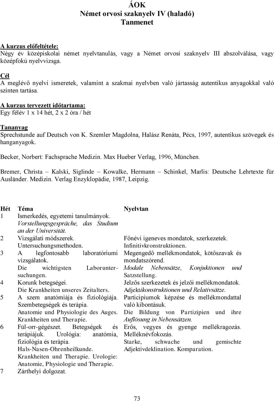 A kurzus tervezett időtartama: Egy félév 1 x 14 hét, 2 x 2 óra / hét Tananyag Sprechstunde auf Deutsch von K. Szemler Magdolna, Halász Renáta, Pécs, 1997, autentikus szövegek és hanganyagok.