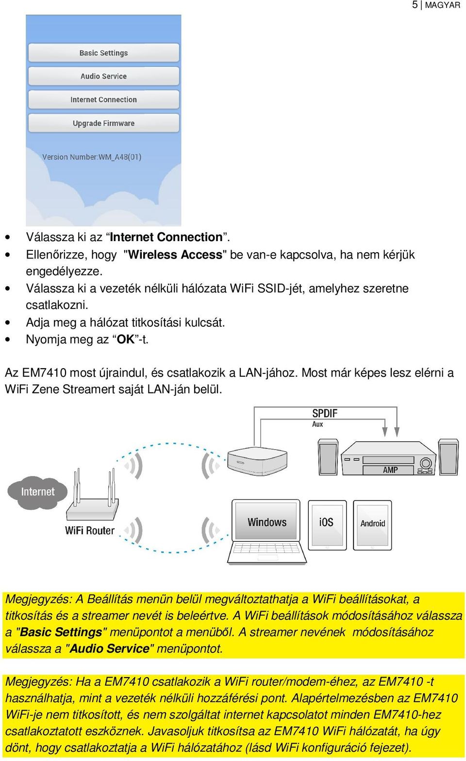 Most már képes lesz elérni a WiFi Zene Streamert saját LAN-ján belül. Megjegyzés: A Beállítás menün belül megváltoztathatja a WiFi beállításokat, a titkosítás és a streamer nevét is beleértve.