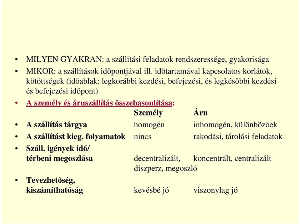 személy és áruszállítás összehasonlítása: Személy Áru A szállítás tárgya homogén inhomogén, különbözőek A szállítást kieg.