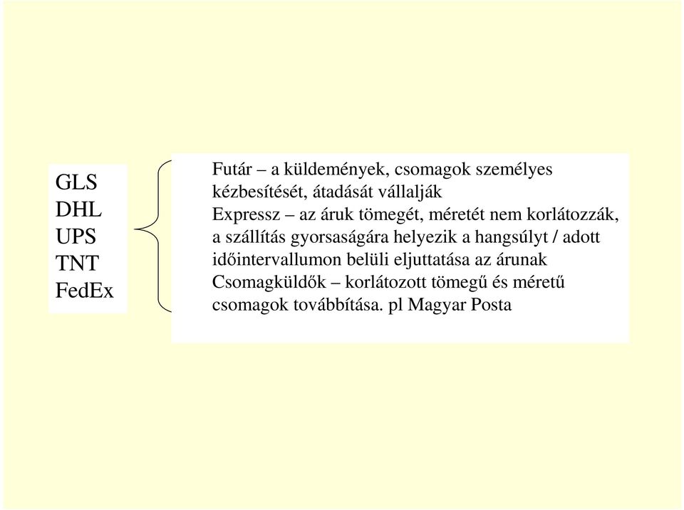 gyorsaságára helyezik a hangsúlyt / adott időintervallumon belüli eljuttatása az