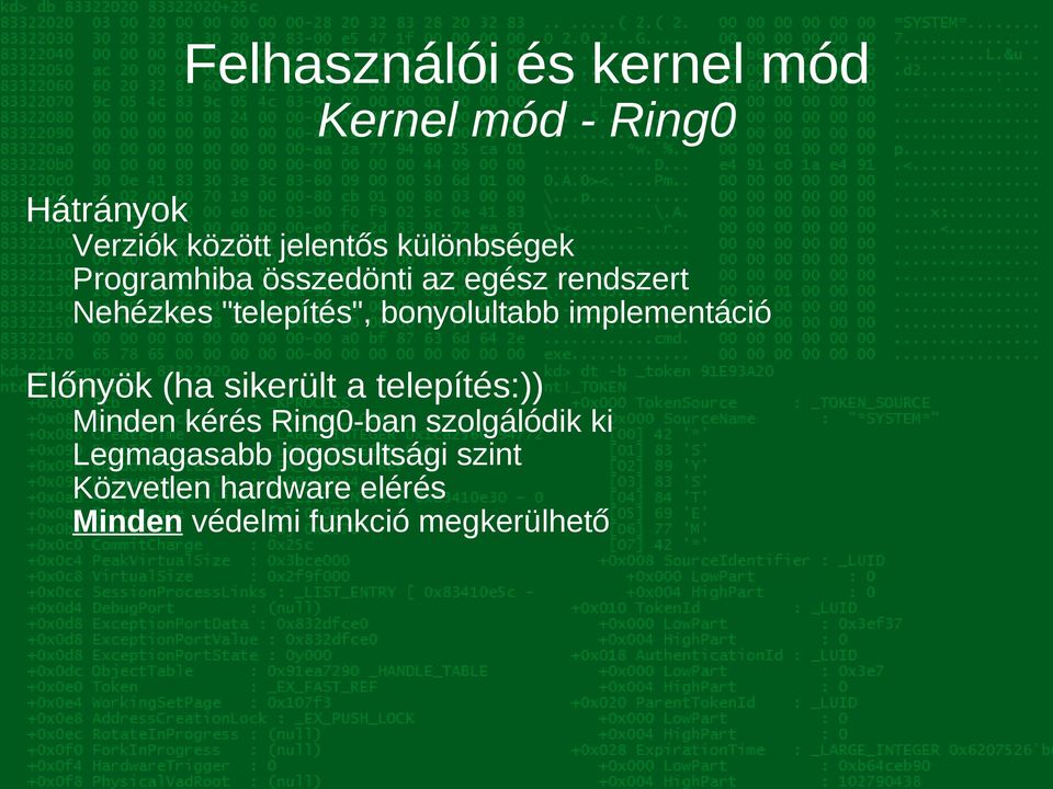 bonyolultabb implementáció Előnyök (ha sikerült a telepítés:)) Minden kérés Ring0-ban
