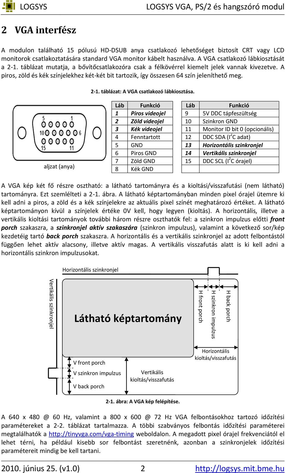 A piros, zöld és kék színjelekhez két-két bit tartozik, így összesen 6 szín jeleníthető meg. -. táblázat: A VGA csatlakozó lábkiosztása.