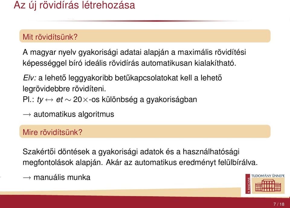 kialakítható Elv: a lehető leggyakoribb betűkapcsolatokat kell a lehető legrövidebbre rövidíteni Pl: ty et 20 -os