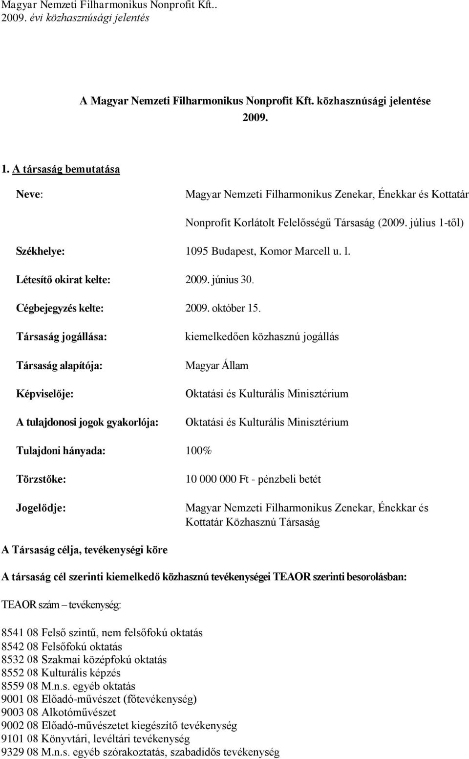 Létesítő okirat kelte: 2009. június 30. Cégbejegyzés kelte: 2009. október 15.