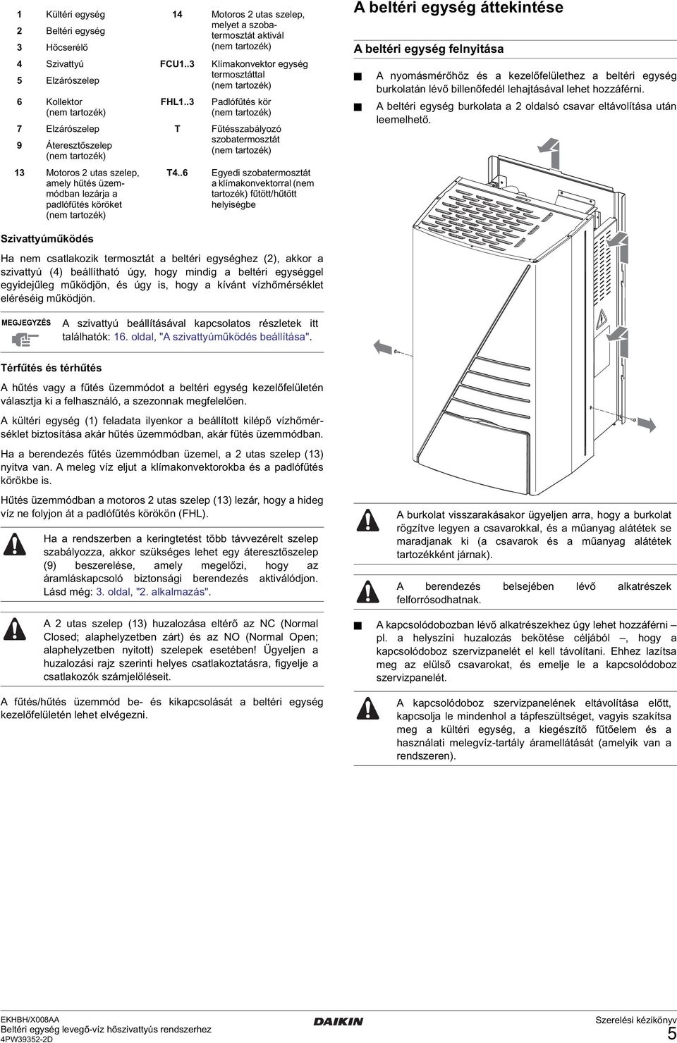 .6 Egyedi szobatermosztát a klímakonvektorral (nem tartozék) fűtött/hűtött helyiségbe A beltéri egység áttekintése A beltéri egység felnyitása A nyomásmérőhöz és a kezelőfelülethez a beltéri egység