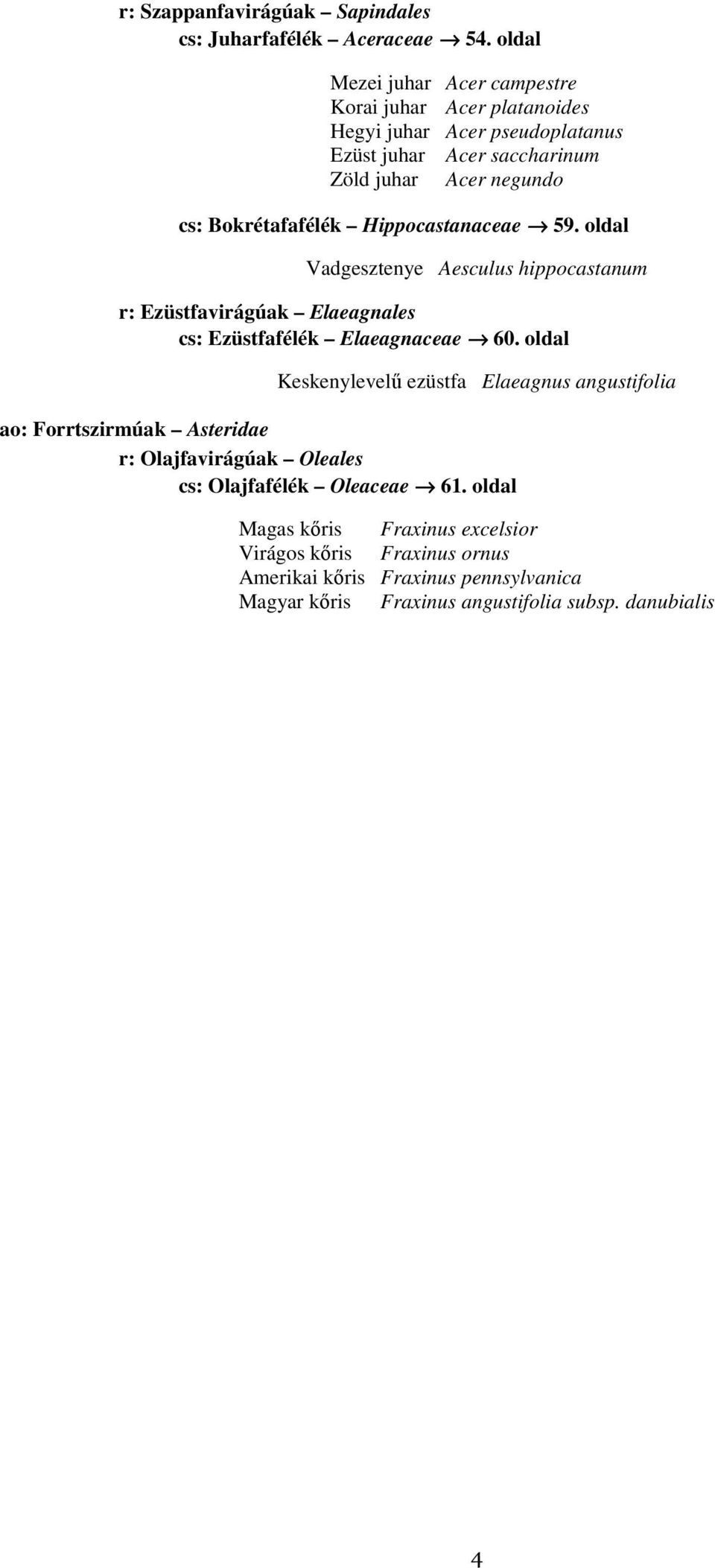 Bokrétafafélék Hippocastanaceae 59. oldal Vadgesztenye Aesculus hippocastanum r: Ezüstfavirágúak Elaeagnales cs: Ezüstfafélék Elaeagnaceae 60.