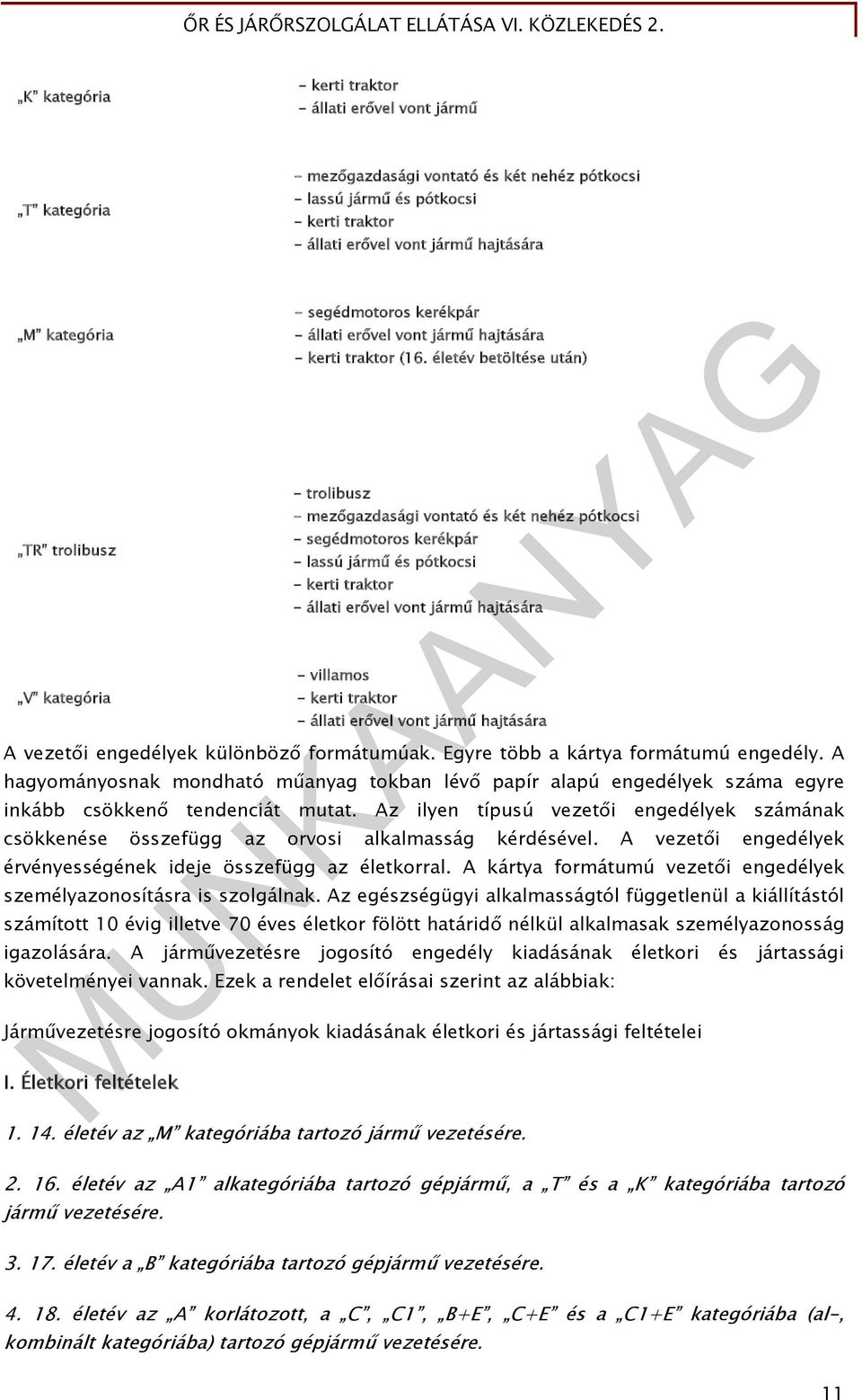 életév betöltése után) - trolibusz - mezőgazdasági vontató és két nehéz pótkocsi - segédmotoros kerékpár - lassú jármű és pótkocsi - kerti traktor - állati erővel vont jármű hajtására - villamos -