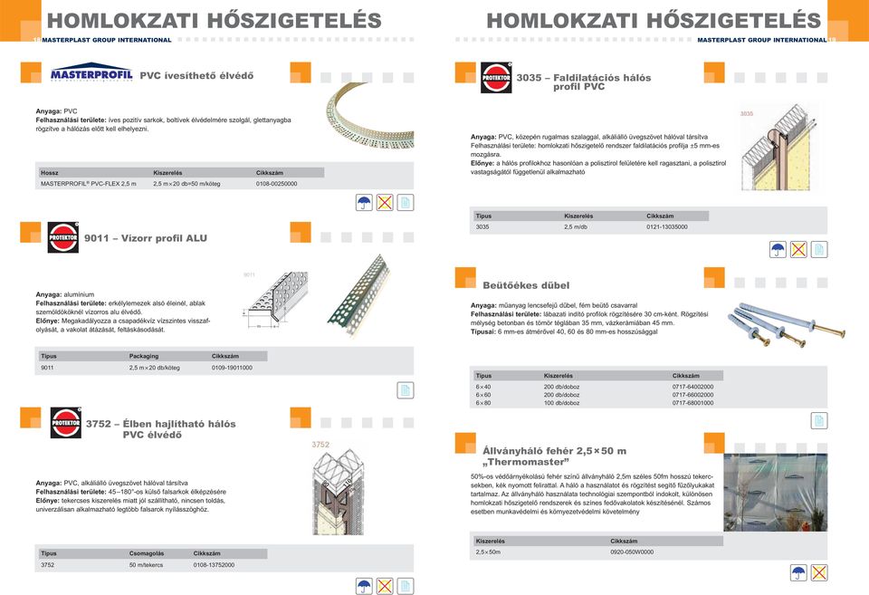 Hossz MASTERPROFIL PVC-FLEX 2,5 m 2,5 m 20 db=50 m/köteg 0108-00250000 Anyaga: PVC, közepén rugalmas szalaggal, alkáliálló üvegszövet hálóval társítva Felhasználási területe: homlokzati hőszigetelő