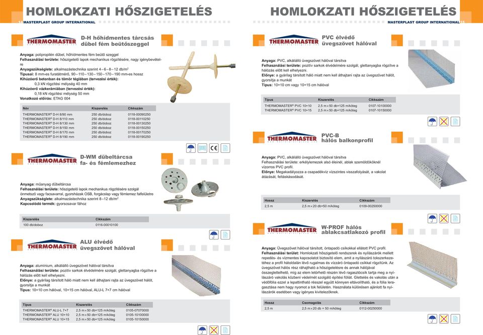 mélység 40 mm Kihúzóerő vázkerámiában (tervezési érték): 0,18 kn rögzítési mélység 50 mm Vonatkozó előírás: ETAG 004 Név THERMOMASTER D-H 8/90 mm 250 db/doboz 0118-00090250 THERMOMASTER D-H 8/110 mm