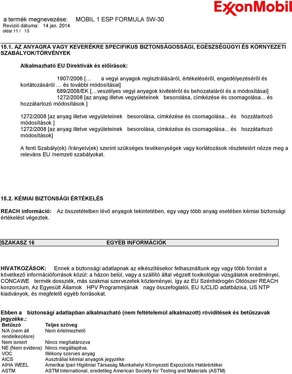 értékeléséről, engedélyezéséről és korlátozásáról és további módosításai] 689/2008/EK [ veszélyes vegyi anyagok kiviteléről és behozataláról és a módosításai] 1272/2008 [az anyag illetve