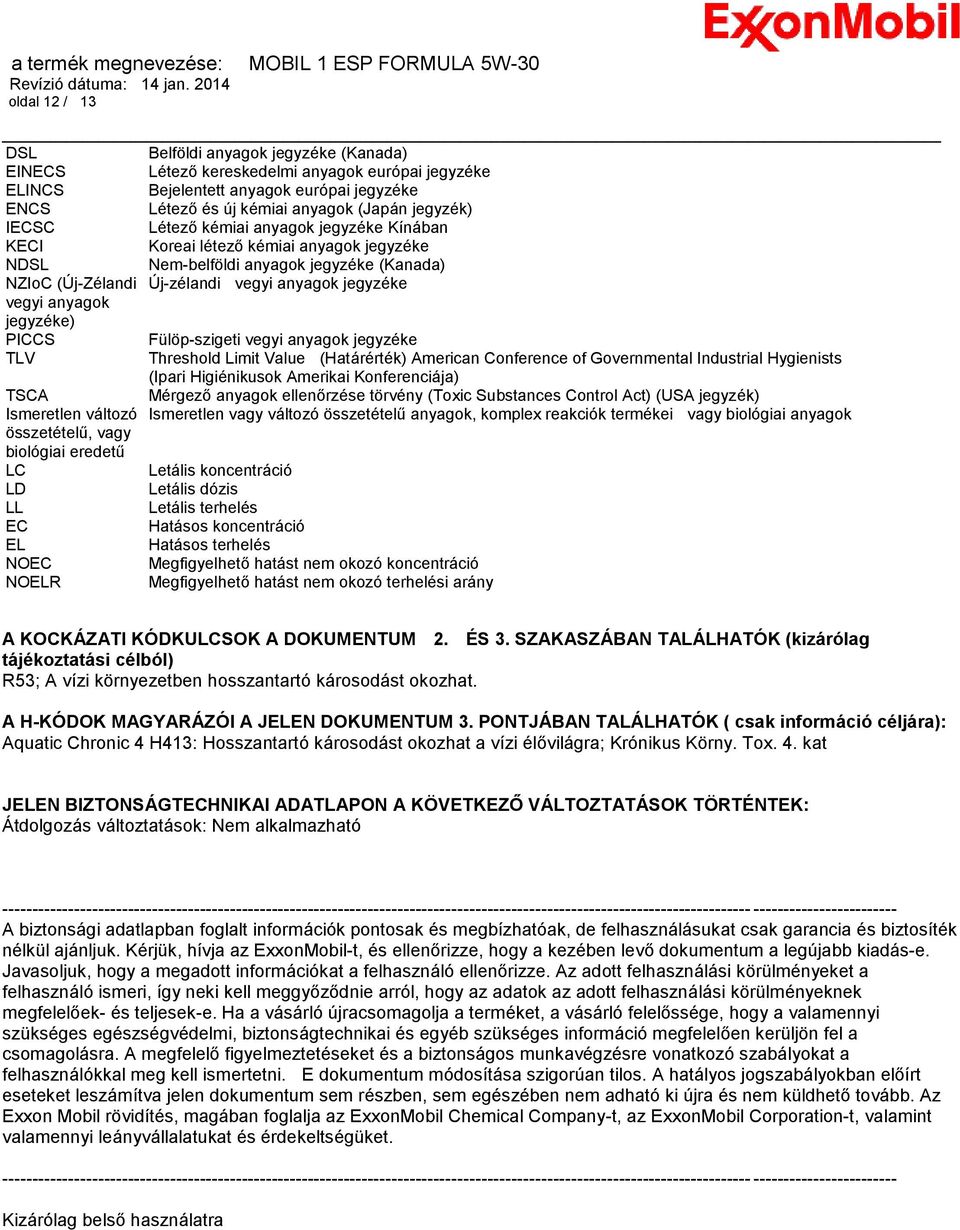 jegyzéke) PICCS Fülöp-szigeti vegyi anyagok jegyzéke TLV Threshold Limit Value (Határérték) American Conference of Governmental Industrial Hygienists (Ipari Higiénikusok Amerikai Konferenciája) TSCA