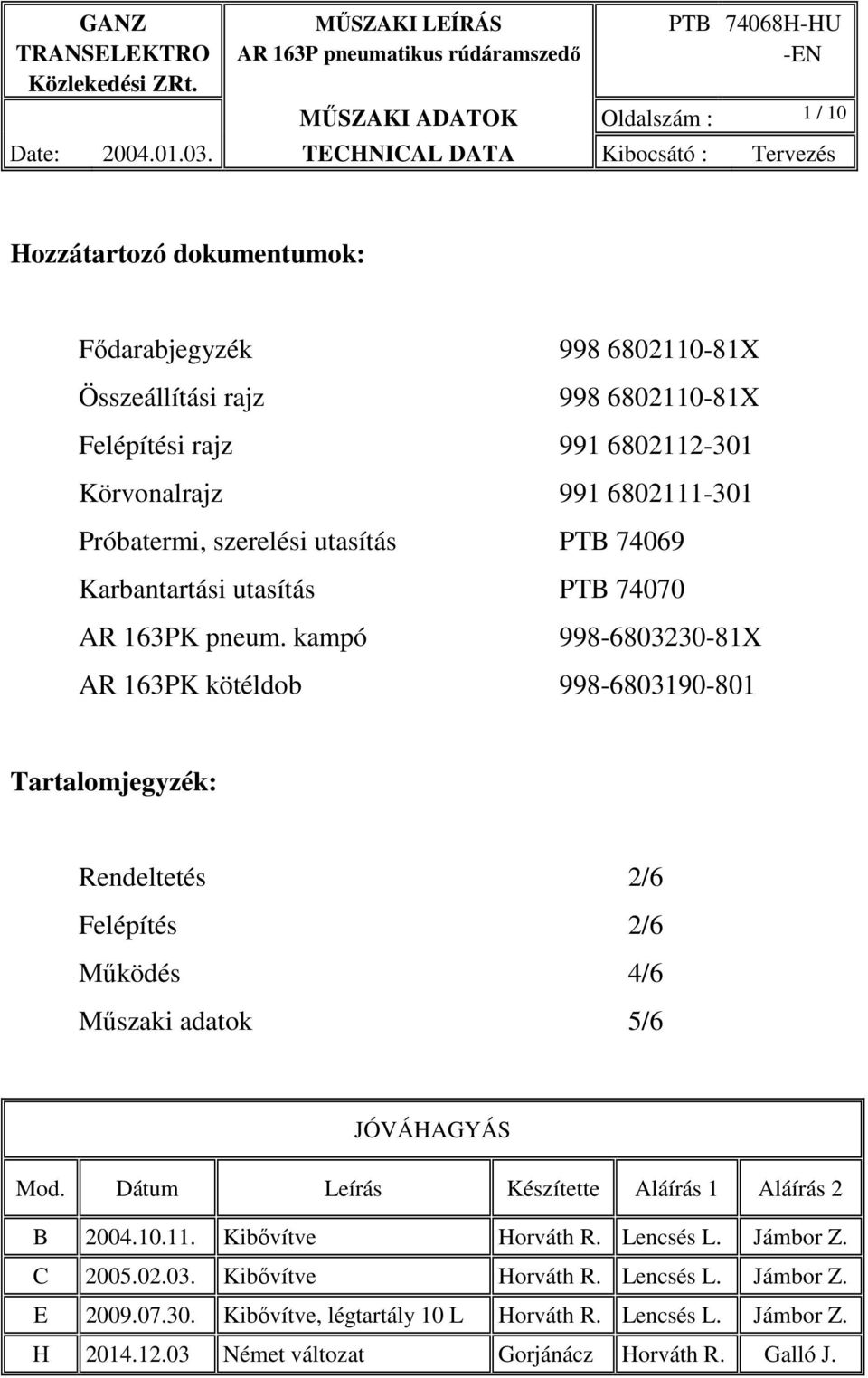 kampó 998-6803230-81X AR 163PK kötéldob 998-6803190-801 Tartalomjegyzék: Rendeltetés 2/6 Felépítés 2/6 Működés 4/6 Műszaki adatok 5/6 JÓVÁHAGYÁS Mod.