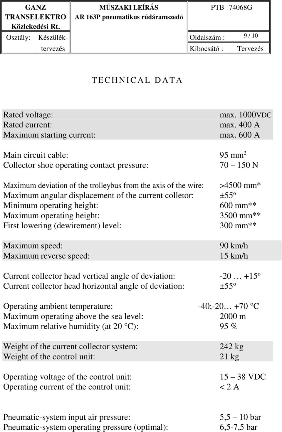 600 A Main circuit cable: 95 mm 2 Collector shoe operating contact pressure: 70 150 N Maximum deviation of the trolleybus from the axis of the wire: Maximum angular displacement of the current