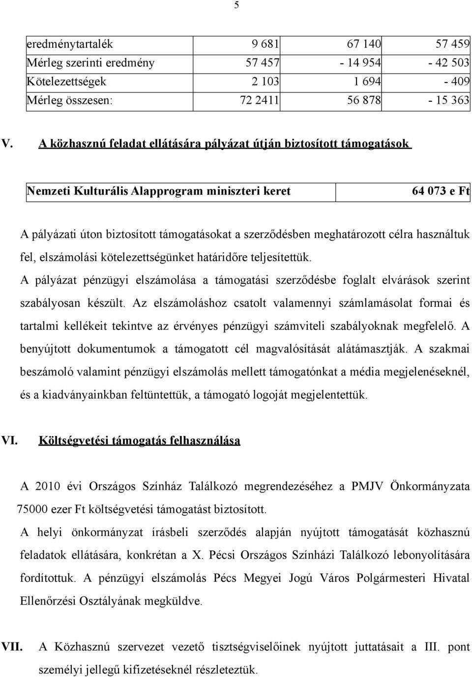 meghatározott célra használtuk fel, elszámolási kötelezettségünket határidőre teljesítettük. A pályázat pénzügyi elszámolása a támogatási szerződésbe foglalt elvárások szerint szabályosan készült.