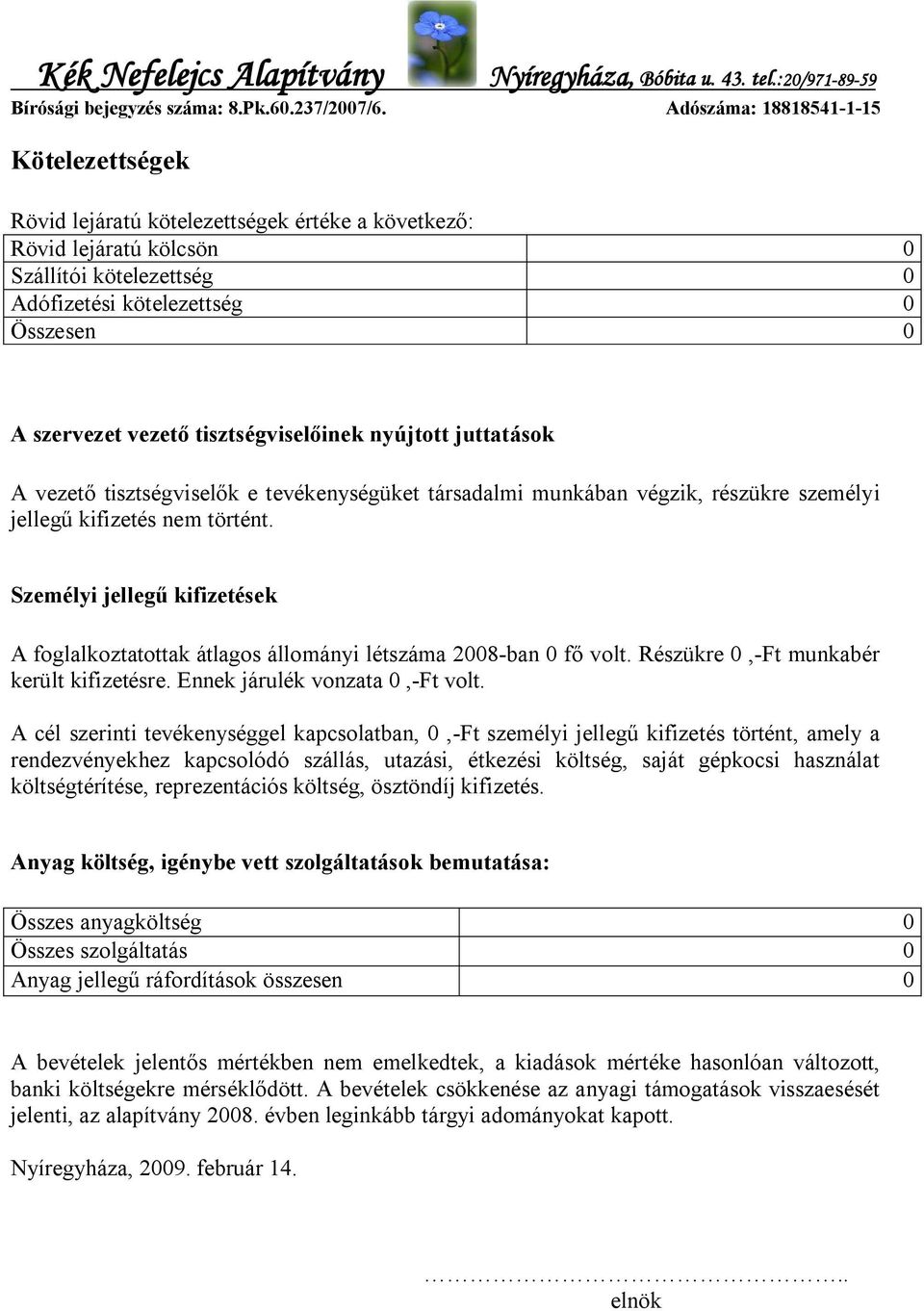 Személyi jellegű kifizetések A foglalkoztatottak átlagos állományi létszáma 2008-ban 0 fő volt. Részükre 0,-Ft munkabér került kifizetésre. Ennek járulék vonzata 0,-Ft volt.